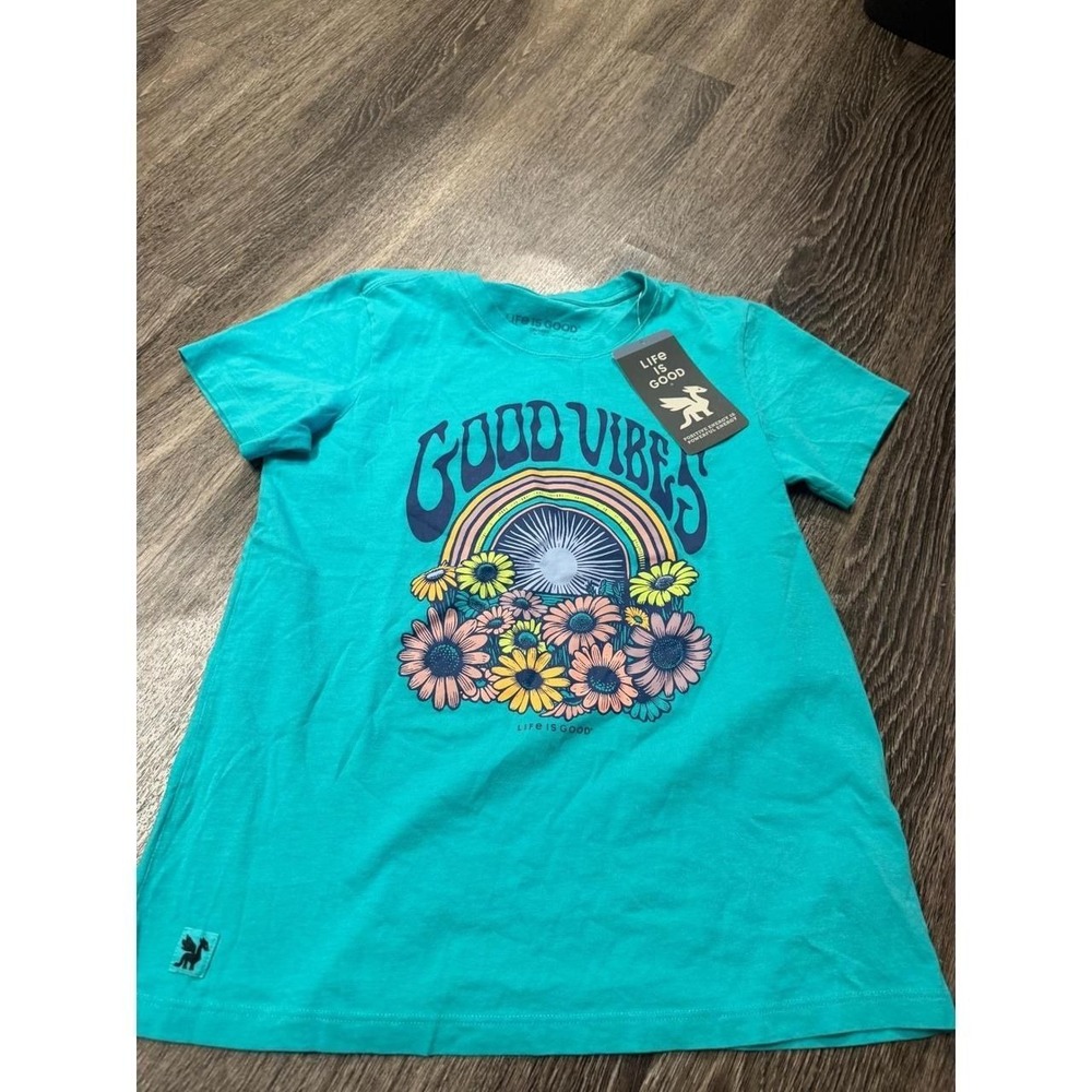 Life is Good Womens Crusher Tee Good Vibes Bloom Turquoise Green Size M NWT
